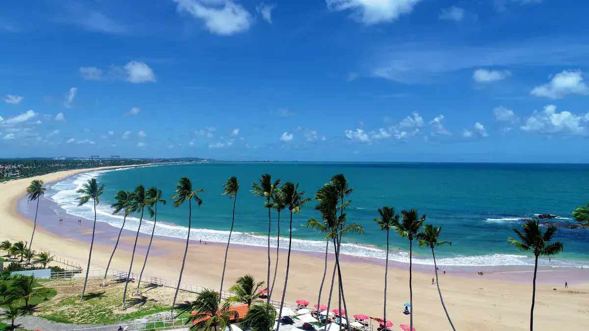 Coqueiros e areia clara na orla de Porto de Galinhas, em Ipojuca