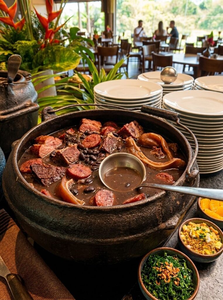 Feijoada com costela, calabresa e carne seca em panela de ferro, servida aos sábados em Porto de Galinhas.