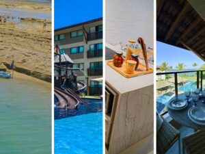 Cozinha americana e varanda mobiliada à direita, parque de piscinas e piscina natural à esquerda.