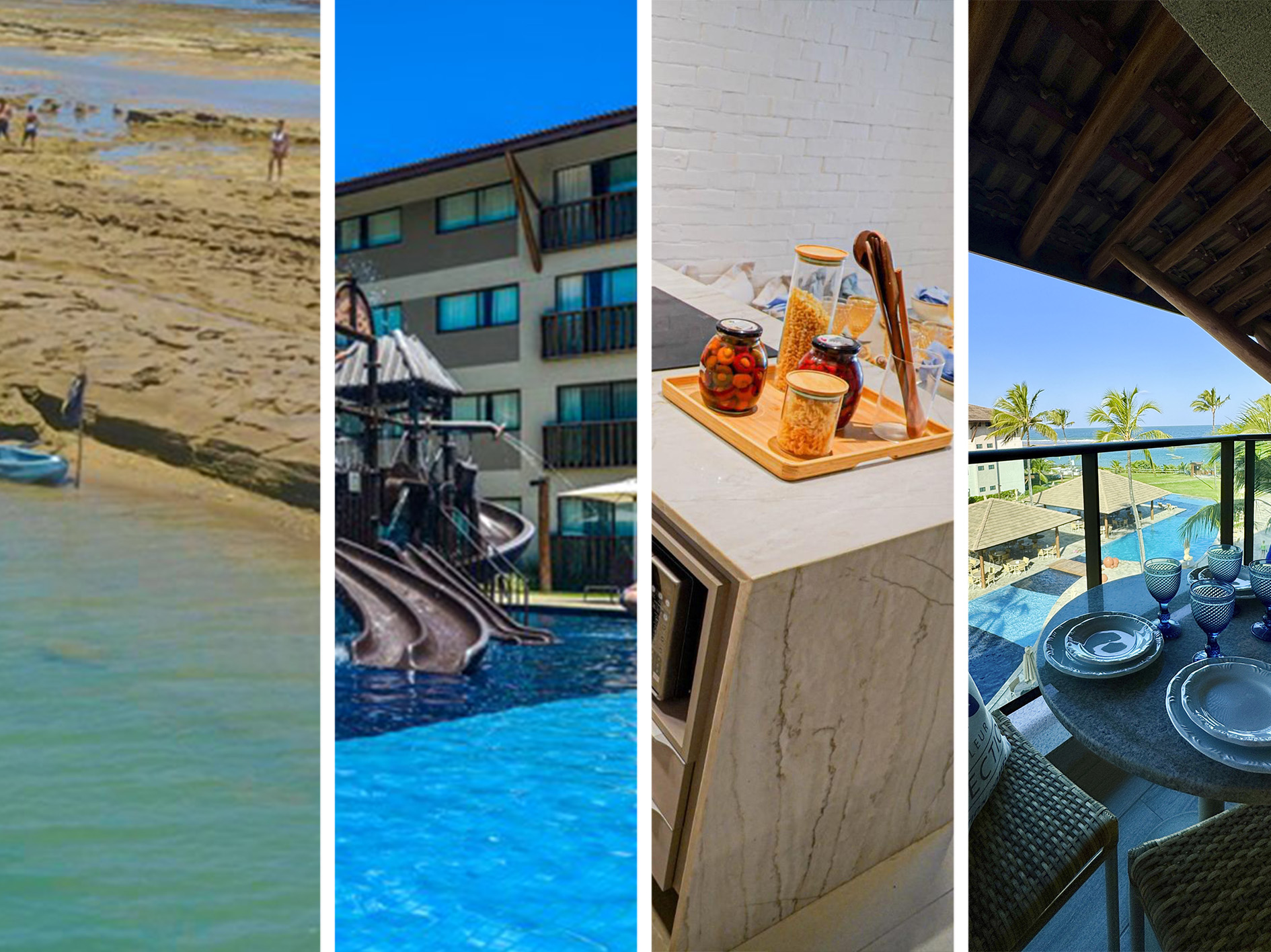 Cozinha americana e varanda mobiliada à direita, parque de piscinas e piscina natural à esquerda.